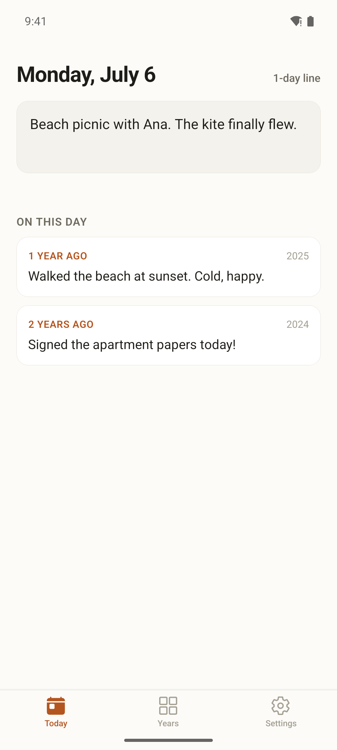 Yearline's 'on this day' view showing entries from the same date in past years