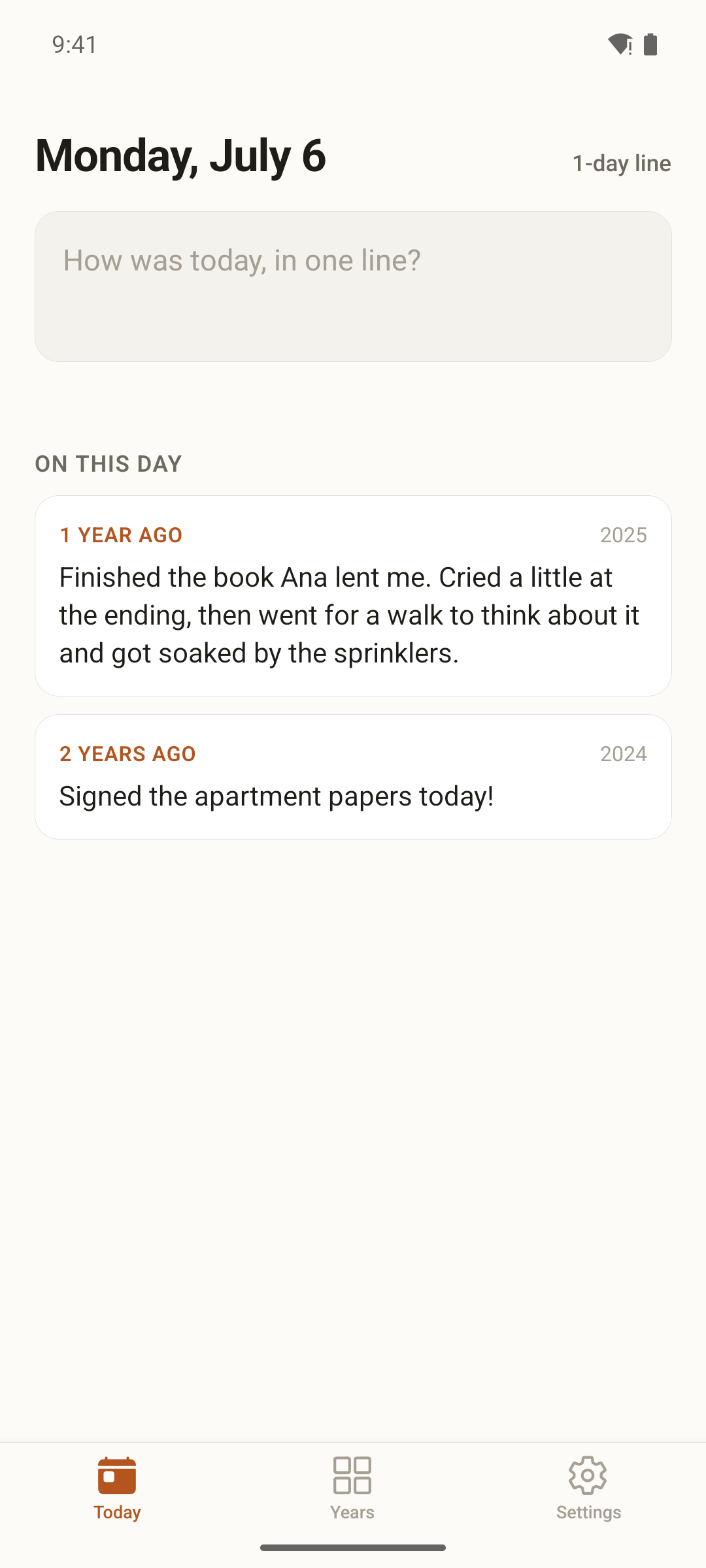 Yearline's today screen: a single quick-entry line with the prompt 'How was today, in one line?'
