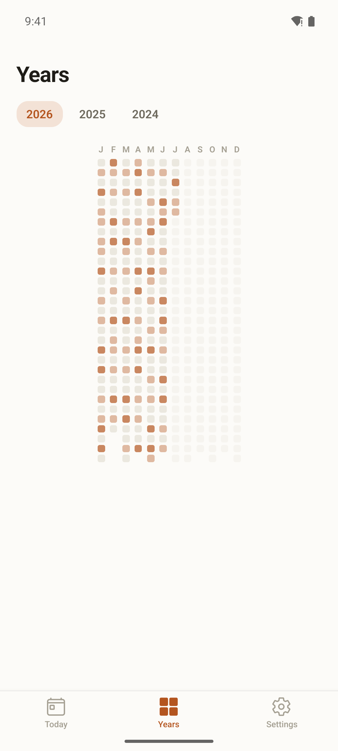 Yearline's year heatmap showing a grid of days colored by writing activity